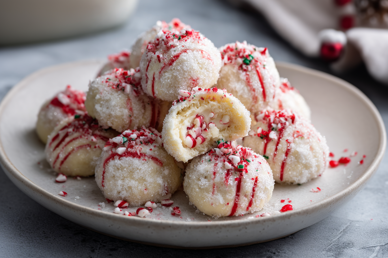 Candy Cane Snowball Cookies dusted with powdered sugar on a white plate Caption: Soft, snowy Candy Cane Cream Cheese Snowball Cookies