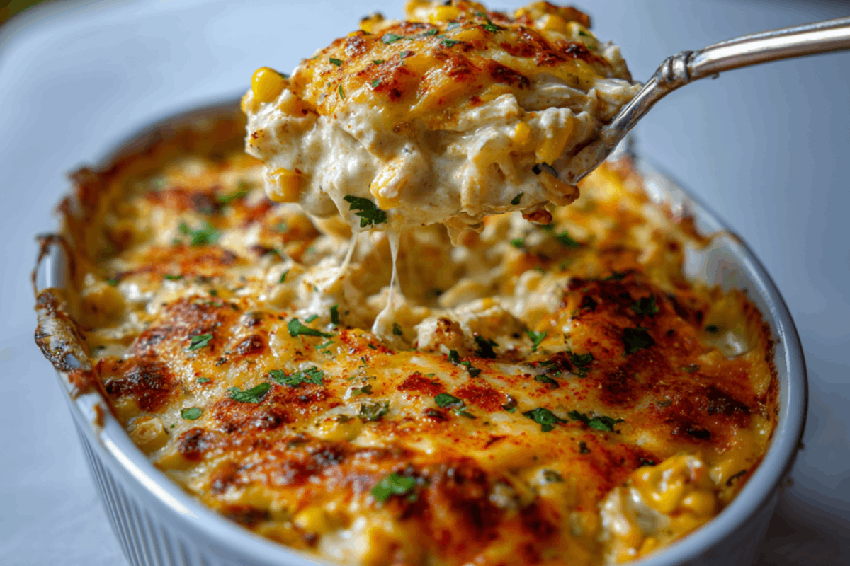 Cheesy street corn chicken bake fresh from the oven.