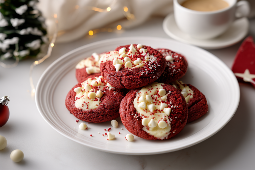 Red velvet cream cheese cookies on a white plate.