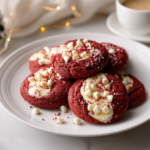 Red velvet cream cheese cookies on a white plate.