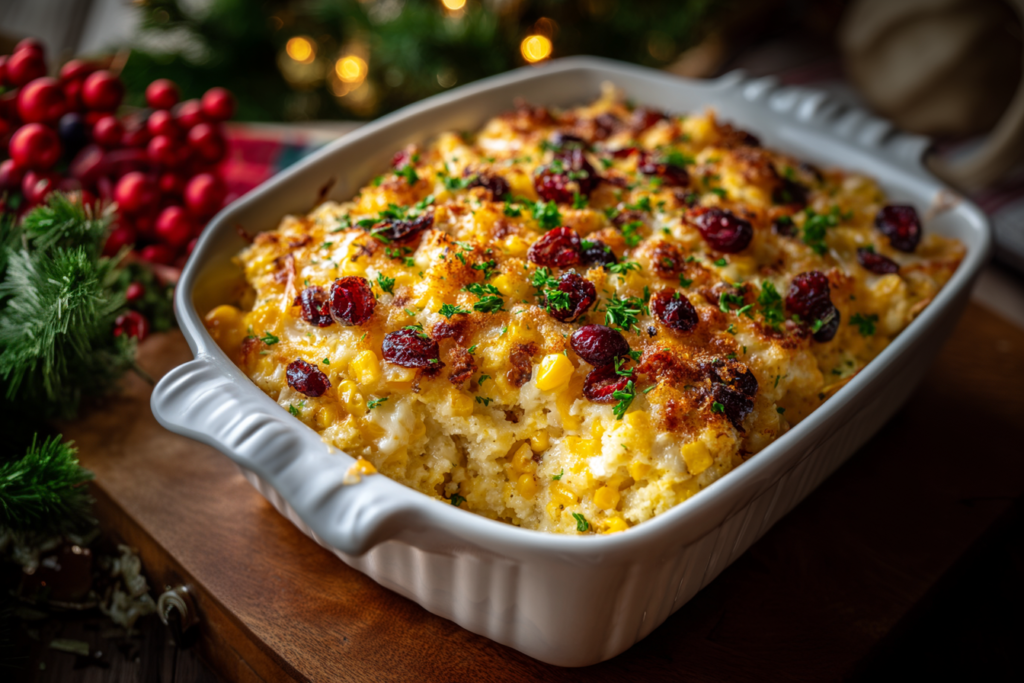 Festive creamy corn bake with cheddar and cranberries.