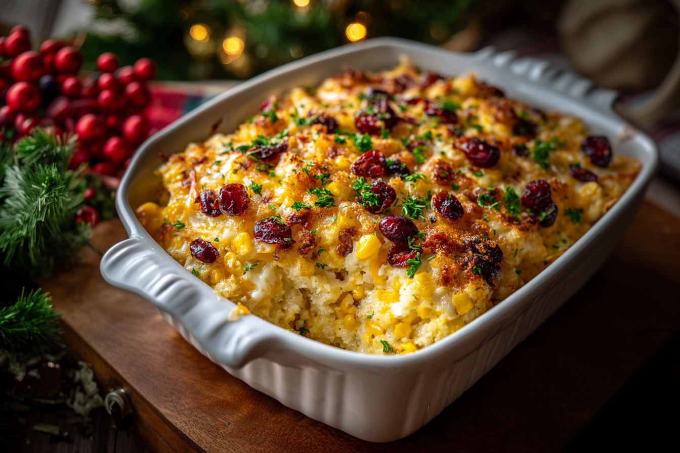 Festive creamy corn bake with cheddar and cranberries.