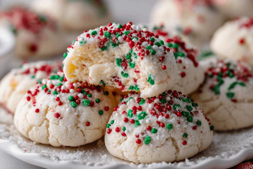 Soft Christmas confetti cream cheese meltaway cookies on a white plate.