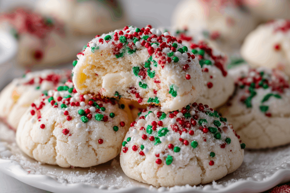 Soft Christmas confetti cream cheese meltaway cookies on a white plate.