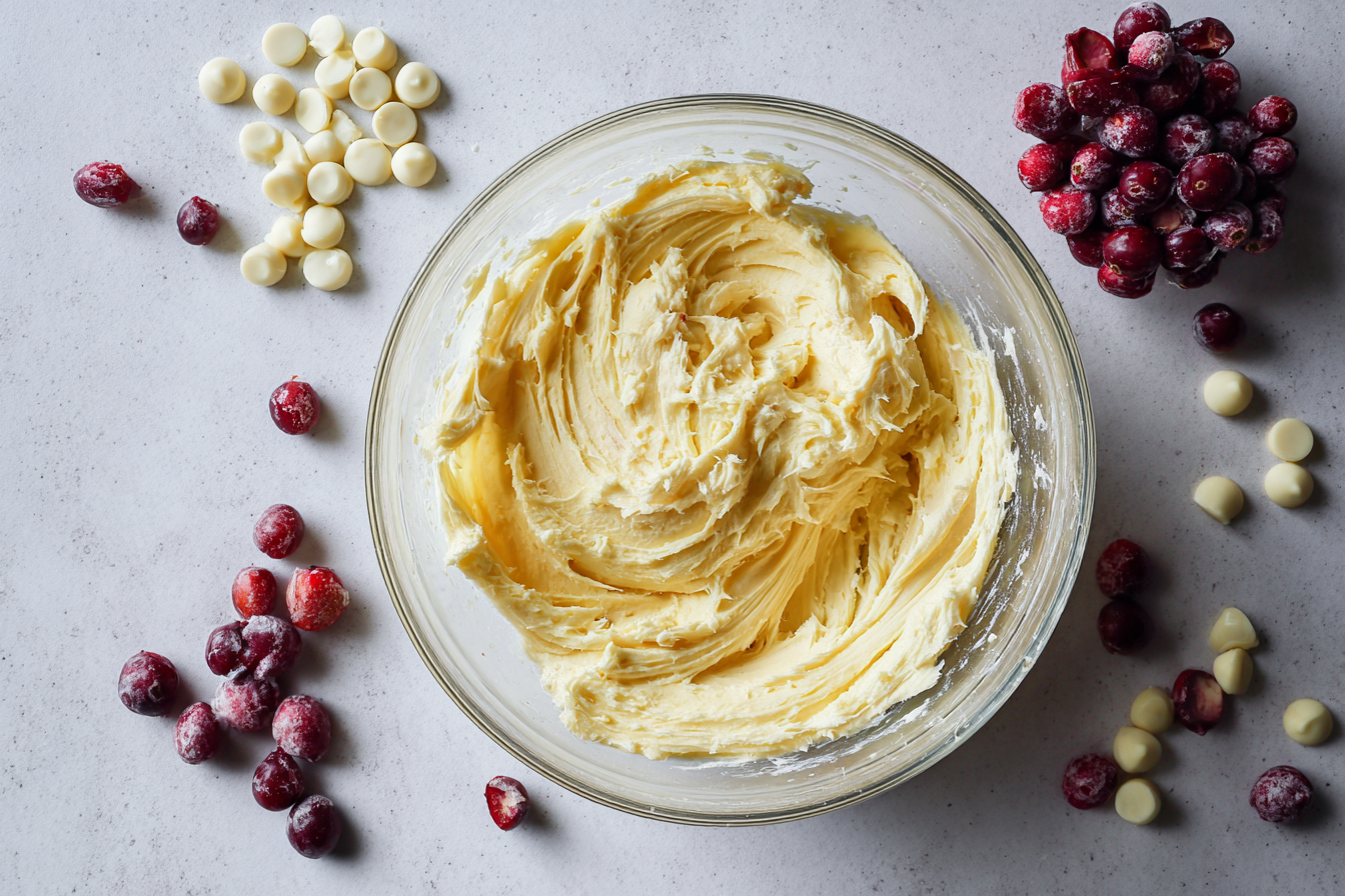 Creamy cookie dough mixture being whipped in a bowl with visible white chocolate chips and cranberries on the side.