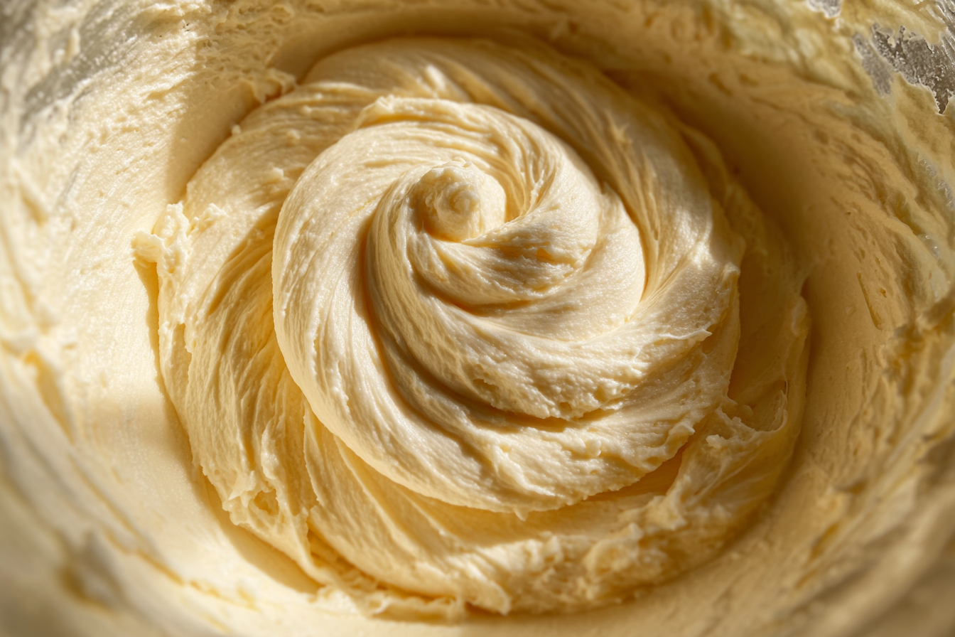 Smooth cream cheese cookie bar batter being mixed in a bowl.