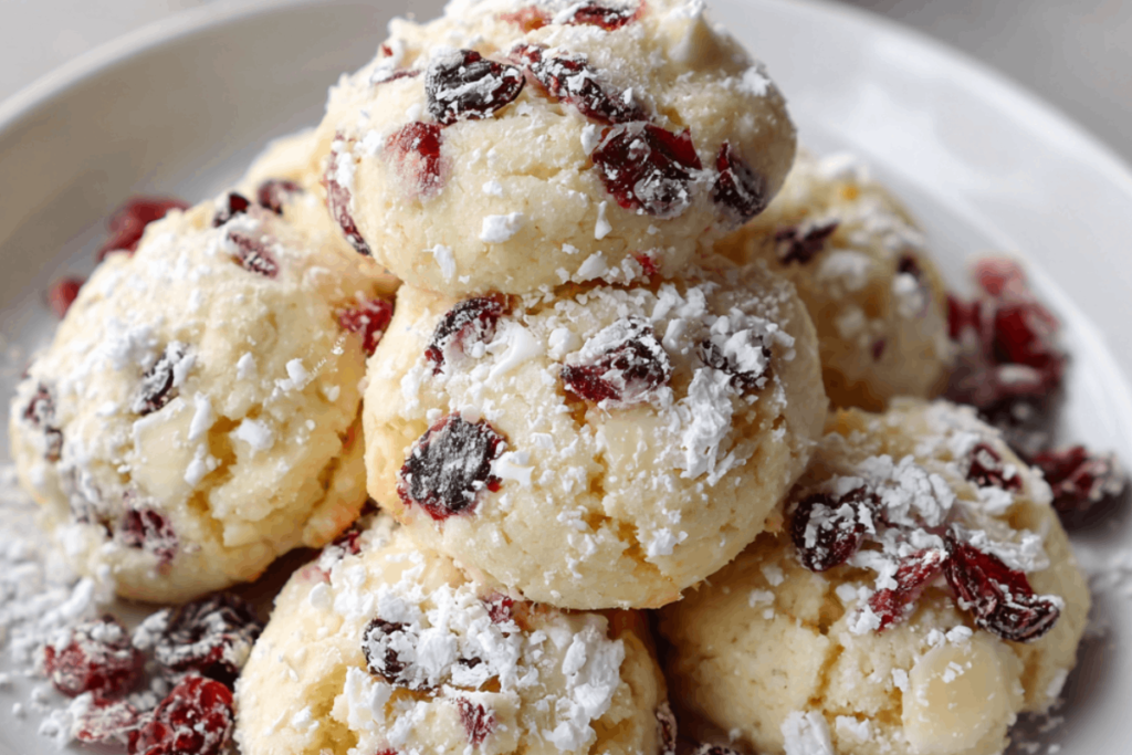 Soft white chocolate cranberry cookies coated in snowy powdered sugar, arranged on a white plate with gentle Christmas lighting.