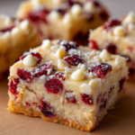White chocolate cranberry cream cheese Frostbite Bars dusted with powdered sugar.
