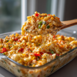 Golden cheesy Cheddar Ranch Chicken Bake with corn and peppers in a Christmas-themed dish