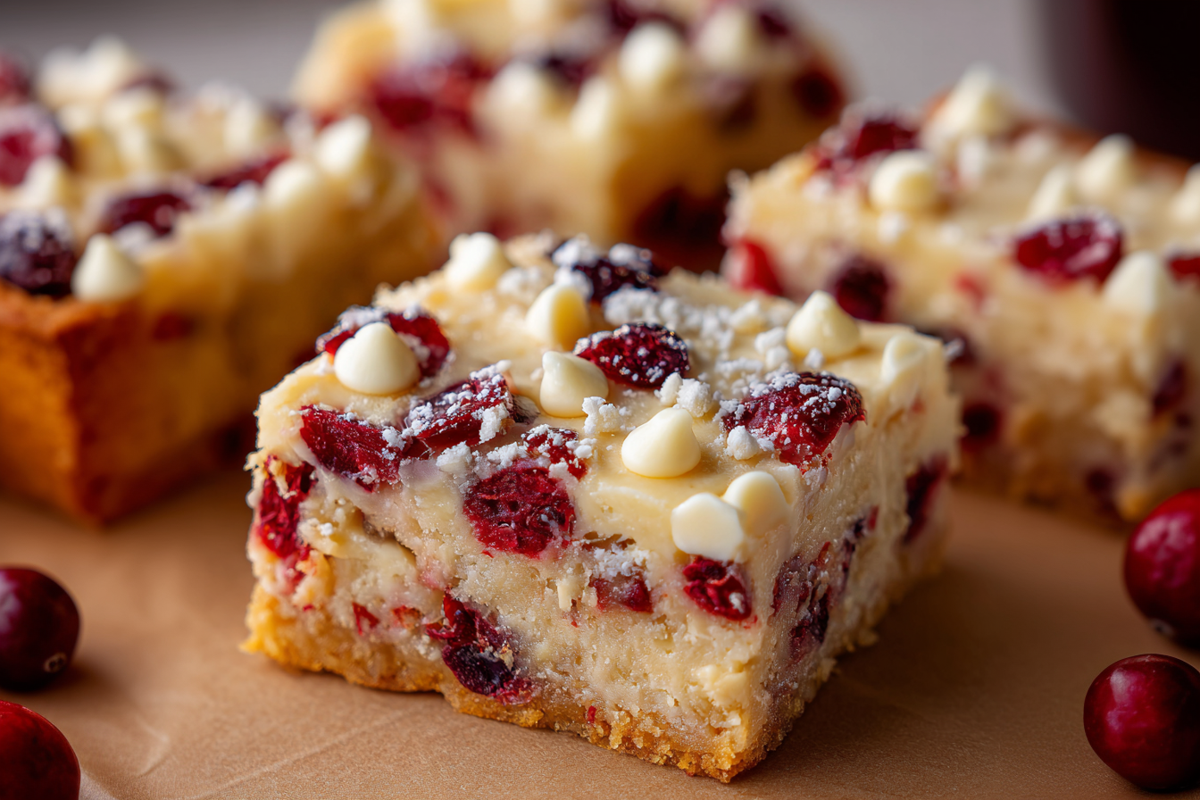 White chocolate cranberry cream cheese Frostbite Bars dusted with powdered sugar.