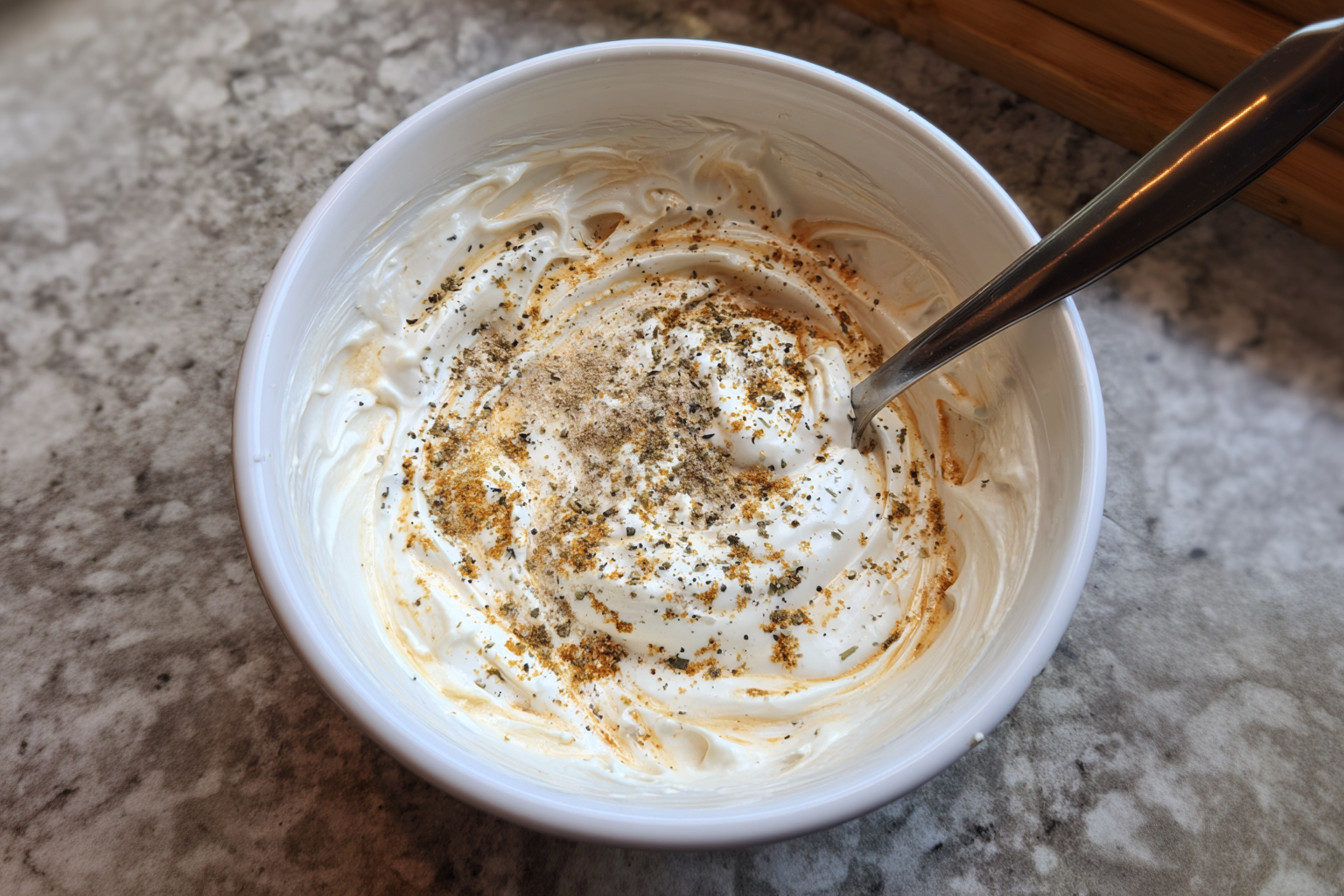 Mixing sour cream, cream cheese, and ranch seasoning for a casserole base.