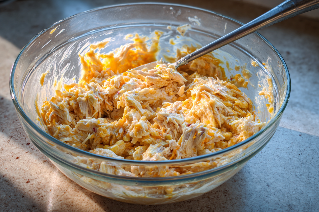 Mixing chicken, hashbrowns, corn, and cheese for a creamy casserole